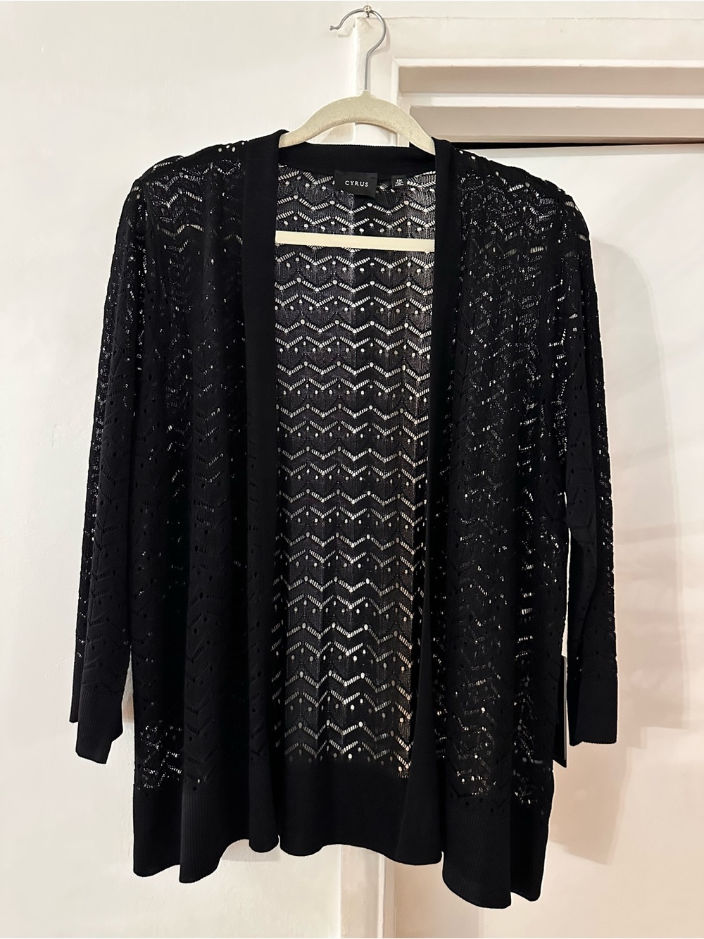 Cyrus Black Open-Front Eyelet Cardigan